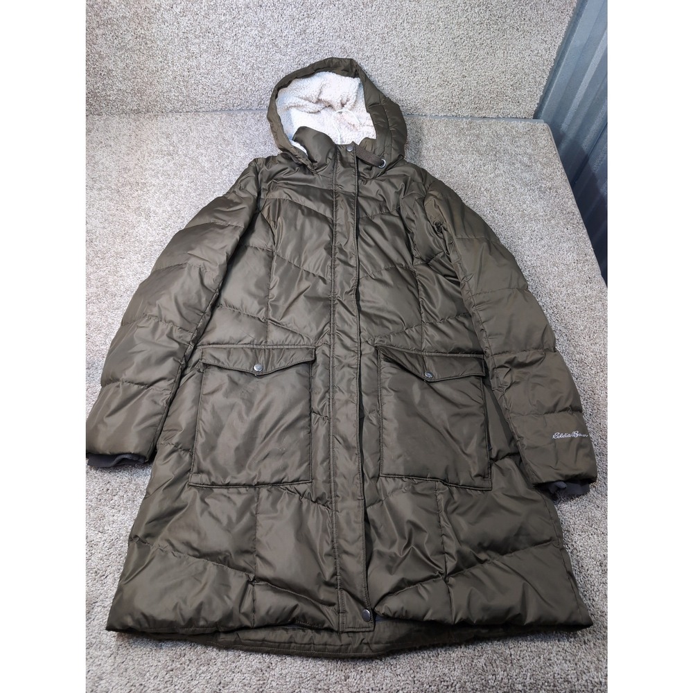 Eddie Bauer Womens XL Olive Green Down Parka Sherpa Hood Quilted Puffer Coat